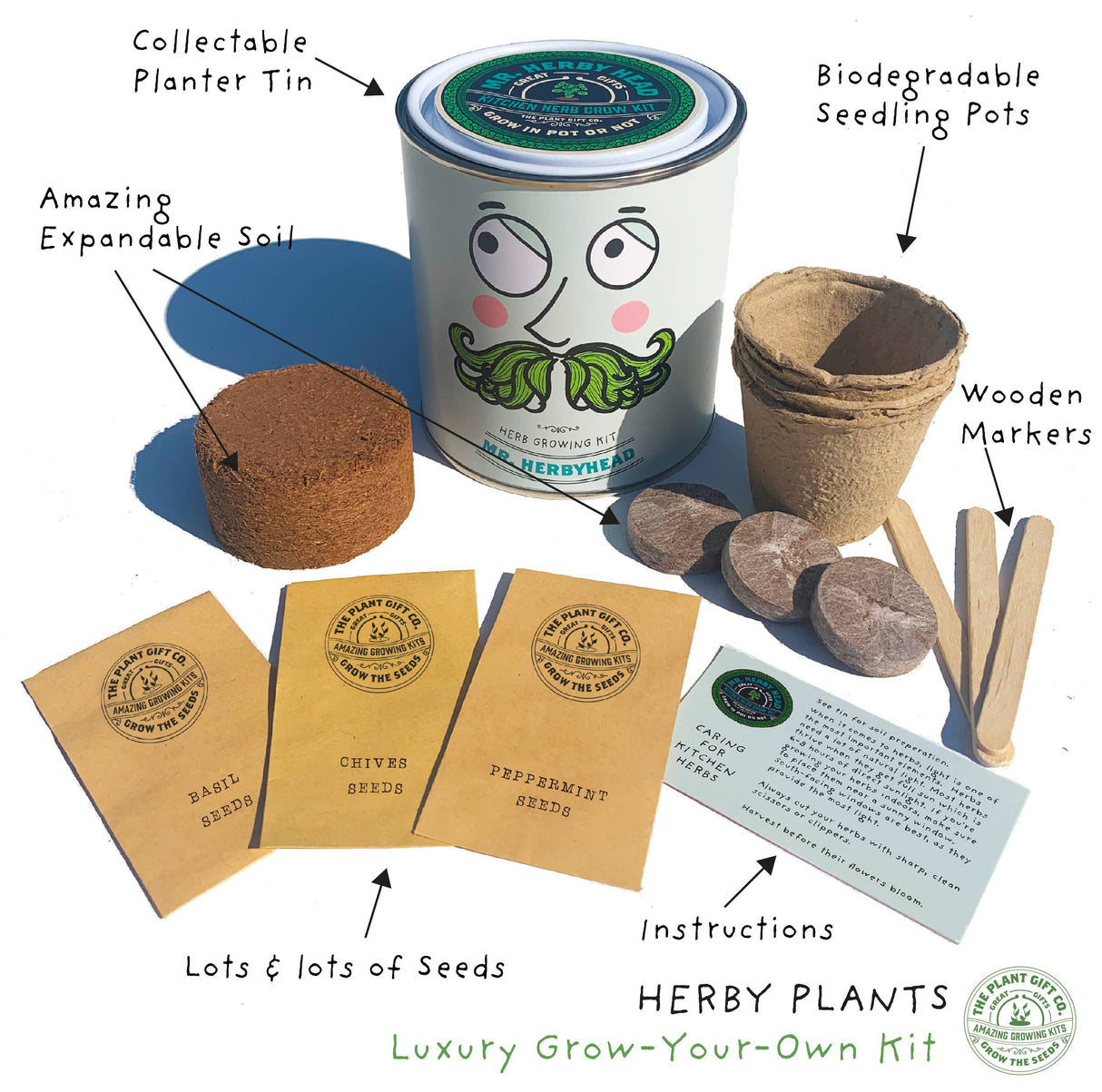 Mr. Herbyhead. Eco Grow Your Own Plant Kit, Gardening Gift.