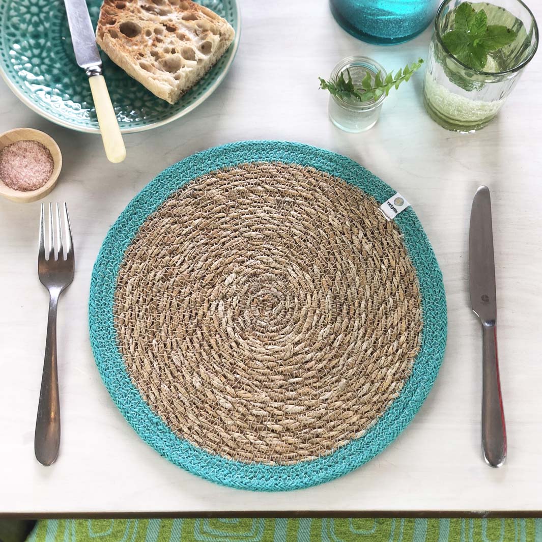 Seagrass and Jute Tablemat - Natural/Turquoise